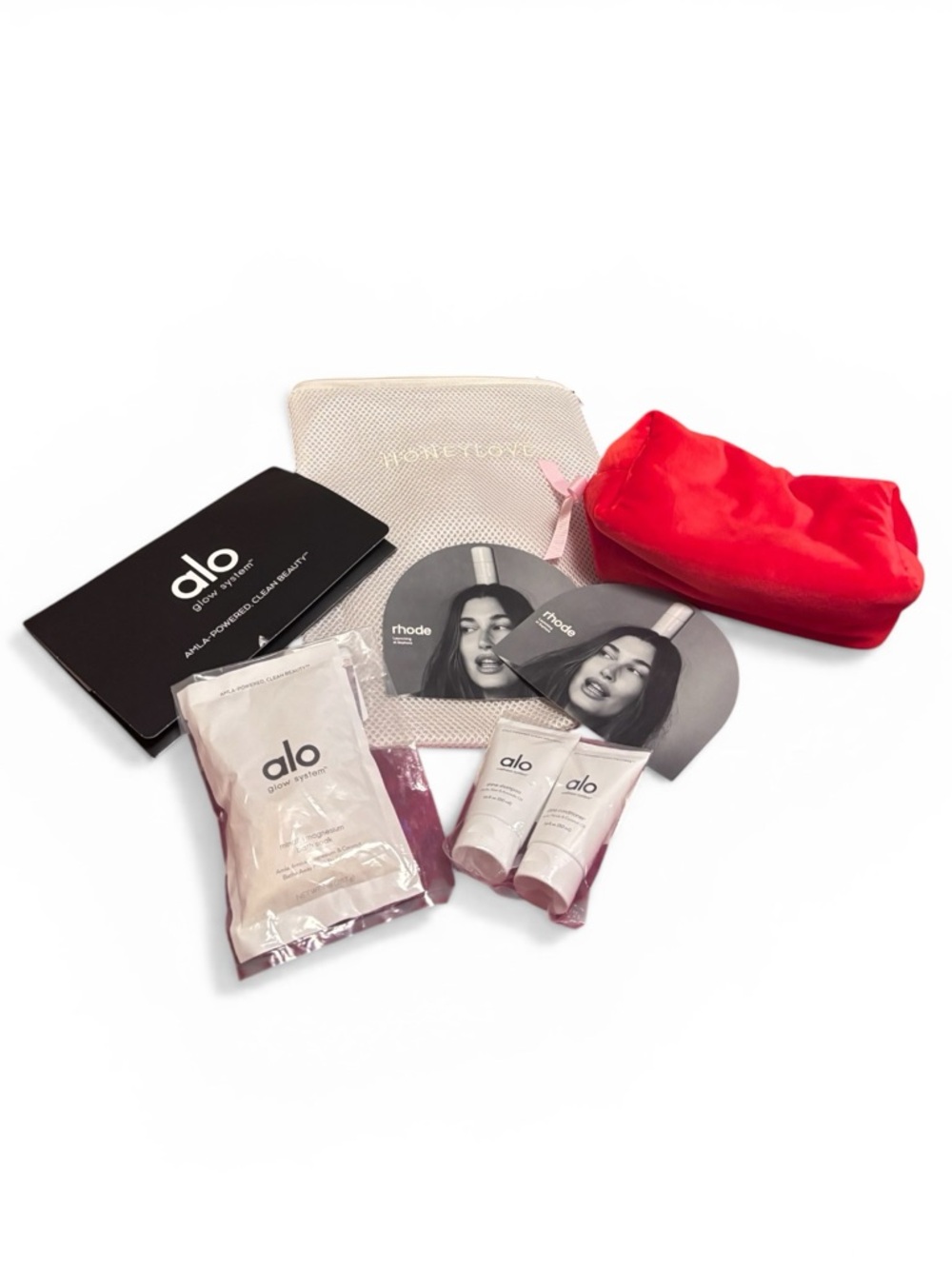 Alo Yoga Glow System Skincare Bundle + Red Velvet Pouch & Mesh Bag NEW NWOT